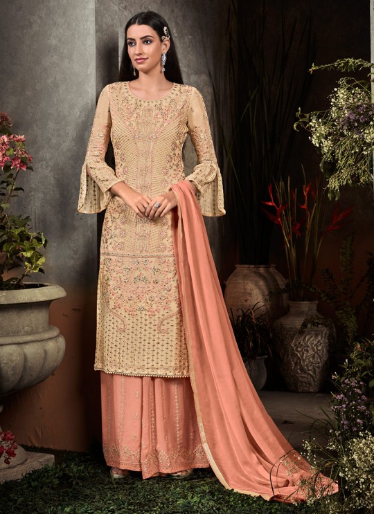 Beige Georgette  Palazzo Suit Rahnuma 1104 Set By Sybella Creations SC/016452