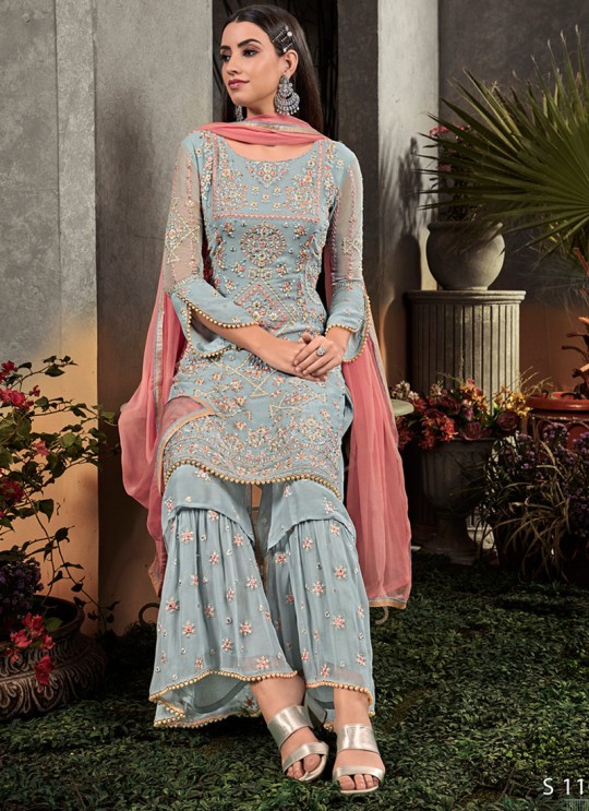 Blue Georgette  Palazzo Suit Rahnuma 1105 Set By Sybella Creations SC/016452