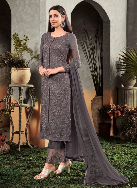 Grey Party Wear Straight Cut Suit Rahnuma 1108 By Sybella Creations SC/016451