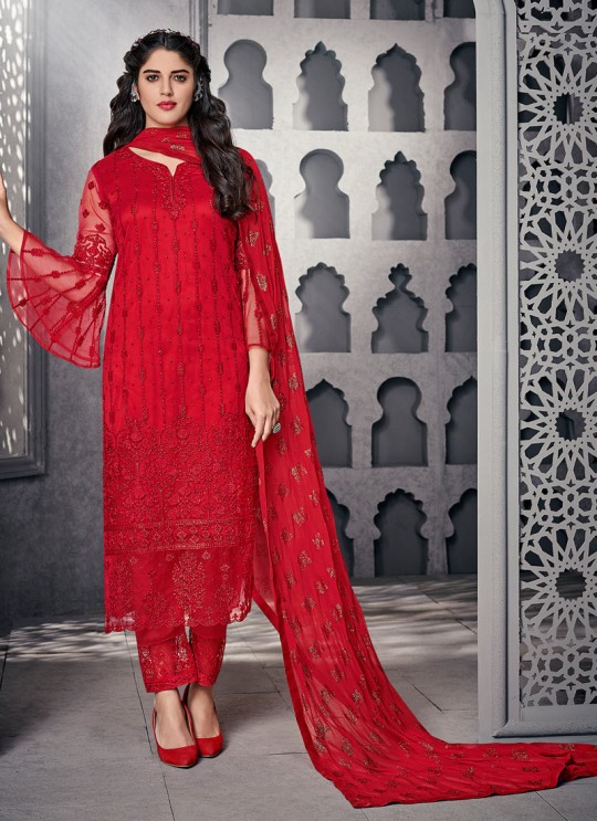 Graceful Net Designer Straight Cut Suit For Ceremony In Red Color