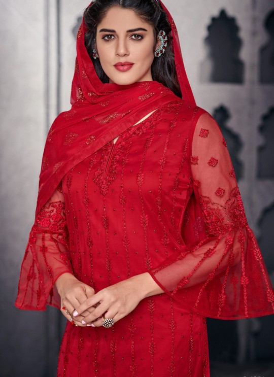 Graceful Net Designer Straight Cut Suit For Ceremony In Red Color