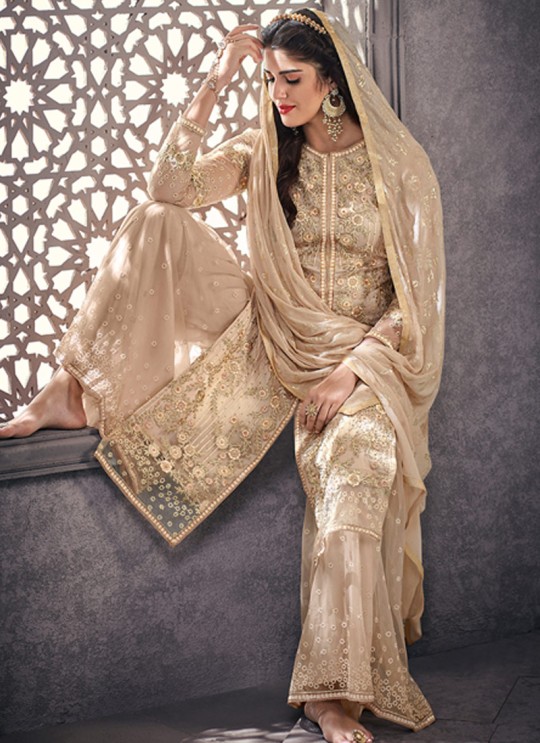 Bewitching Net Designer Palazzo Suit For Wedding In Beige Color