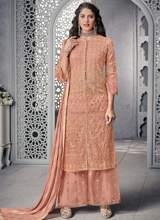 Savory Net Designer Palazzo Suit For Wedding In Peach Color