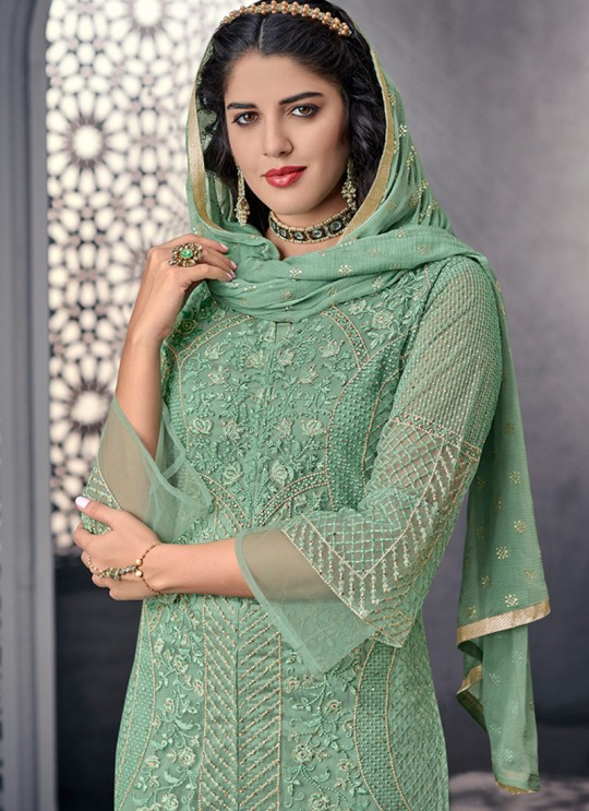 Bewitching Net Designer Straight Cut Suit For Ceremony In Green Color