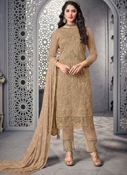 Charming Net Designer Straight Cut Suit For Ceremony In Beige Color