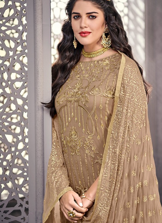 Charming Net Designer Straight Cut Suit For Ceremony In Beige Color