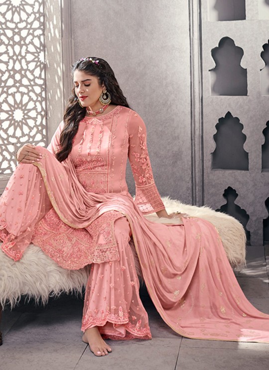 Pleasing Net Designer Palazzo Suit For Wedding In Pink Color