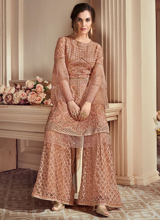 Peach Net Embroidered Wedding Wear Palazzo Suit The Roal Shades 903 By Sybella Creation SC/015114