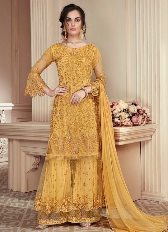 Yellow Net Embroidered Wedding Wear Palazzo Suit The Roal Shades 906 By Sybella Creation SC/015117 Yellow Net Embroidered Wedding Wear Palazzo Suit The Roal Shades 906 By Sybella Creation SC/015117
