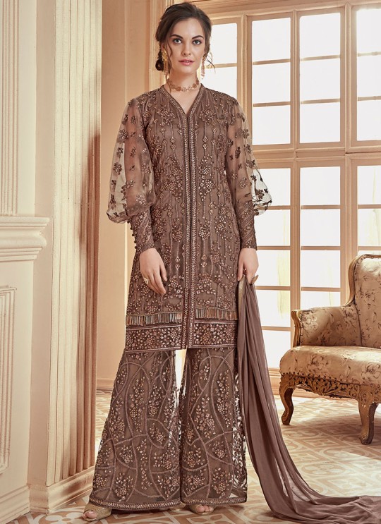 Brown Net Embroidered Wedding Wear Palazzo Suit The Roal Shades 908 By Sybella Creation SC/015119 Brown Net Embroidered Wedding Wear Palazzo Suit The Roal Shades 908 By Sybella Creation SC/015119