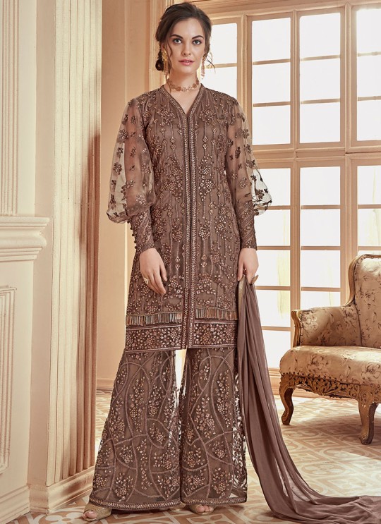 Brown Net Embroidered Wedding Wear Palazzo Suit The Roal Shades 908 Set By Sybella Creation SC/015120