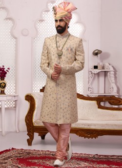 Beige Banarasi Silk Embroidered Wedding Sherwani SCT007