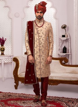 Beige Jacquard Silk Brocade Embroidered Wedding Sherwani With Dupatta SCT006