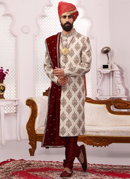 Cream Banarasi Silk Embroidered Wedding Sherwani With Dupatta SCT001