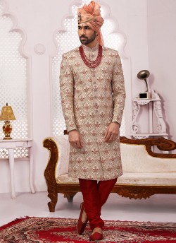 Cream Banarasi Silk Embroidered Wedding Sherwani With Dupatta SCT003