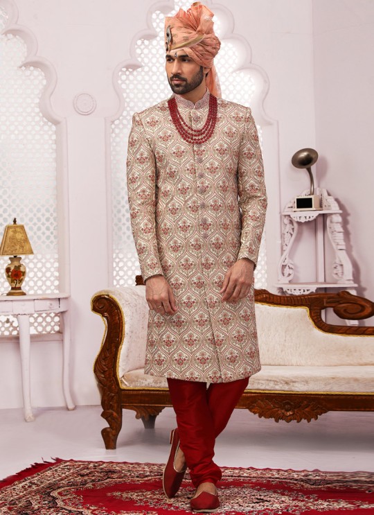 Cream Banarasi Silk Embroidered Wedding Sherwani With Dupatta SCT003