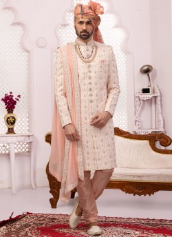 Cream Georgette Lakhnavi Embroidered Wedding Sherwani With Dupatta SCT015