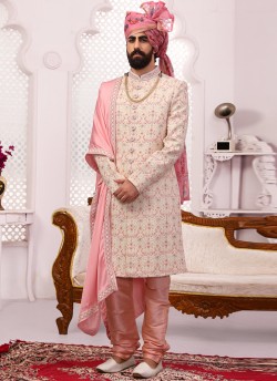 Cream Georgette Lakhnavi Embroidered Wedding Sherwani With Dupatta SCT016