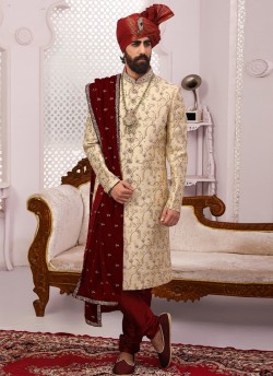 Cream Jacquard Silk Brocade Embroidered Wedding Sherwani With Dupatta SCT005