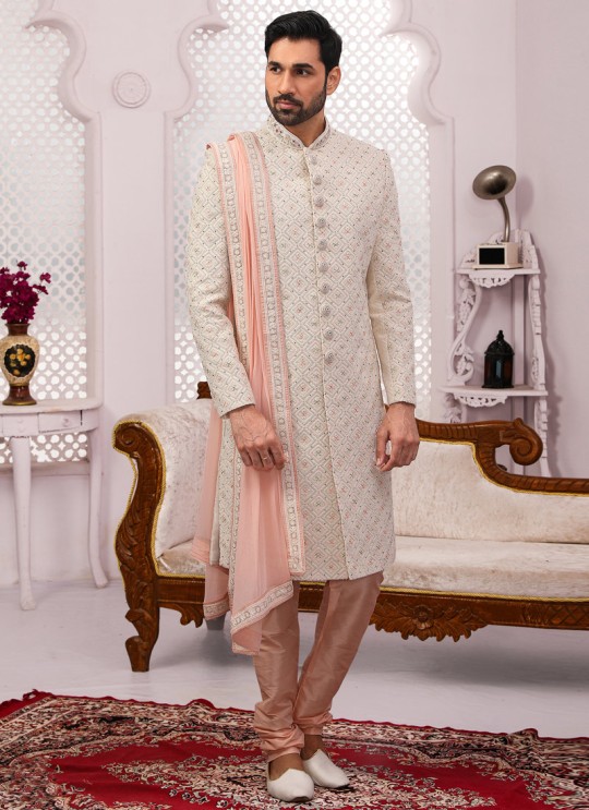 Cream Lakhnavi Embroidered Wedding Sherwani With Dupatta SCT017