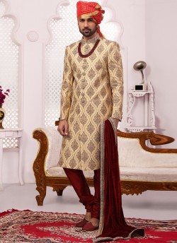 Gold Banarasi Silk Embroidered Wedding Sherwani With Dupatta SCT002