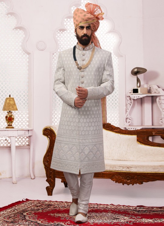 Grey Georgette Lakhnavi Embroidered Wedding Sherwani SCT011