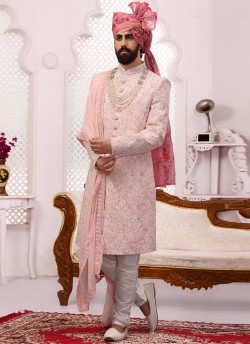 Pink Georgette Lakhnavi Embroidered Wedding Sherwani With Dupatta SCT009