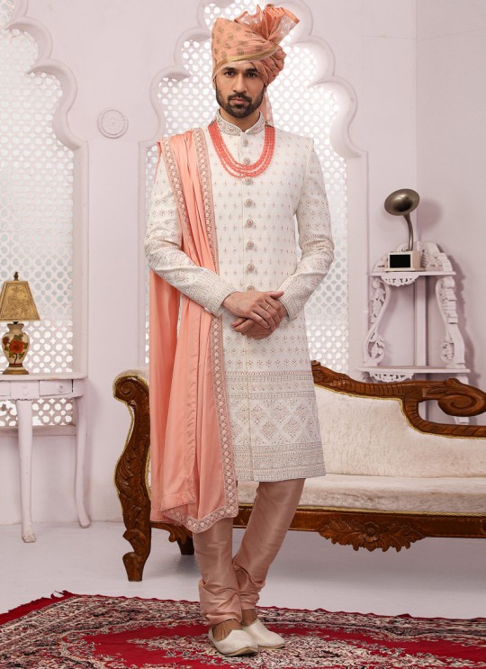 Off White Georgette Lakhnavi Embroidered Wedding Sherwani With Dupatta SCT012
