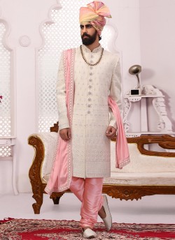 Off White Georgette Lakhnavi Embroidered Wedding Sherwani With Dupatta SCT013