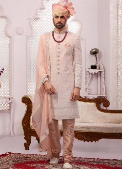 Peach Georgette Lakhnavi Embroidered Wedding Sherwani With Dupatta SCT014