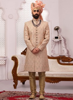 Peach Banarasi Silk Embroidered Wedding Sherwani SCT004