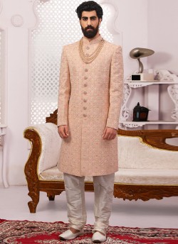 Peach Georgette Lakhnavi Embroidered Wedding Sherwani SCT018