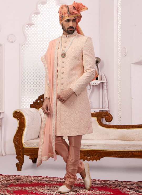 Peach Georgette Lakhnavi Embroidered Wedding Sherwani With Dupatta SCT010