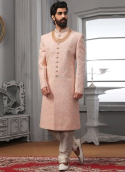 Pink Lakhnavi Embroidered Wedding Sherwani SCT019