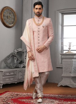 Pink Lakhnavi Embroidered Wedding Sherwani With Dupatta SCT020