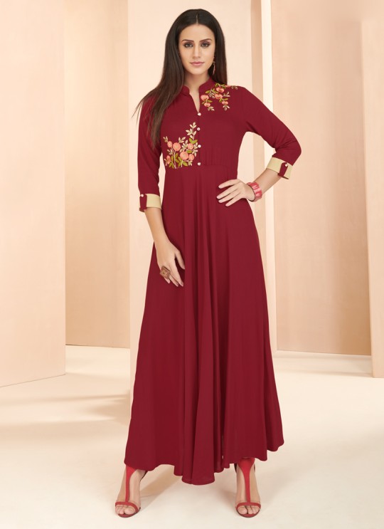 Maroon Rayon Party Wear Designer Kurti 6023 By Vardan