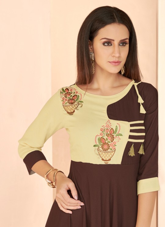 Brown Rayon Party Wear Designer Kurti 6025 By Vardan