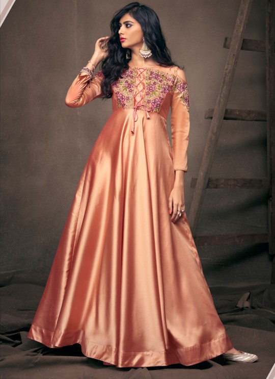 Peach Satin Silk Ready Made Gown For Bridesmaids 193 By Vardan