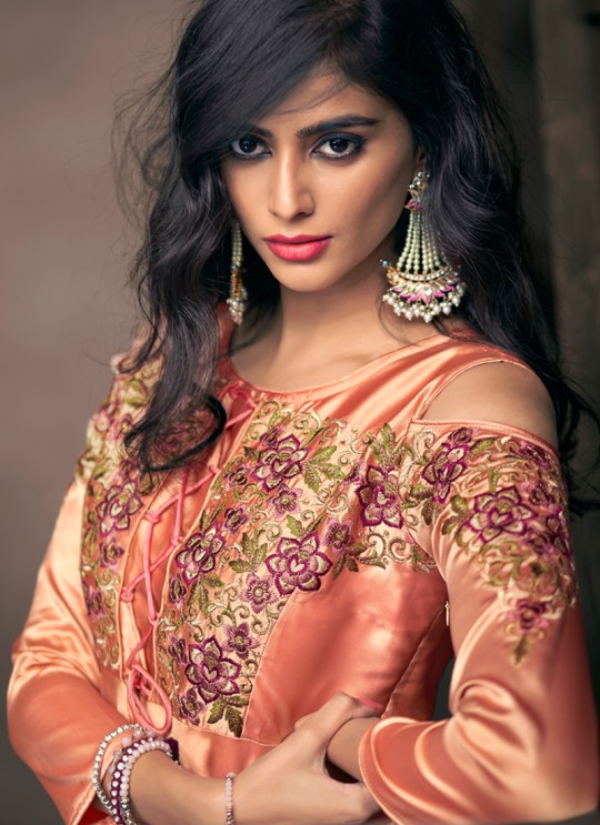 Peach Satin Silk Ready Made Gown For Bridesmaids 193 By Vardan