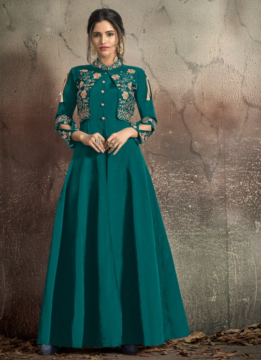 Green Tapeta Silk Ready Made Gown For Bridesmaids Gold 1406B By Vardan