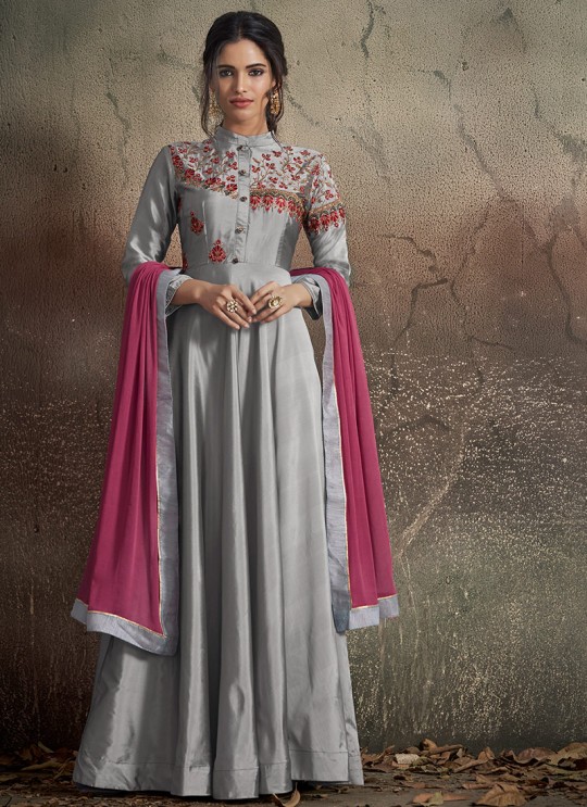 Grey Tapeta Silk Evening Ready Made Three Piece Gown 1407 By Vardan