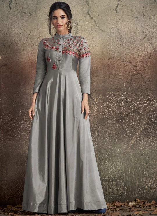 Grey Tapeta Silk Evening Ready Made Three Piece Gown 1407 By Vardan