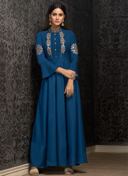 Blue Muslin Ready Made Gown For Mehandi Ceremony 1601 By Vardan