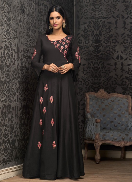 Black Muslin Ready Made Gown For Mehandi Ceremony 1602 By Vardan