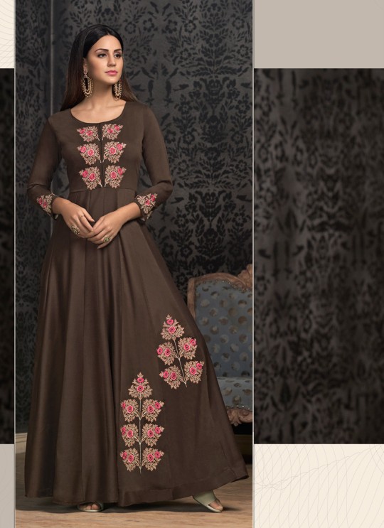 Brown Muslin Ready Made Gown For Mehandi Ceremony 1604 By Vardan