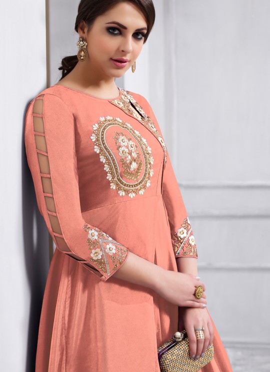 Tapeta Silk Party Wear Anarkali Suit in Peach Color 158C By Vardan Tapeta Silk Party Wear Anarkali Suit in Peach Color 158C By Vardan