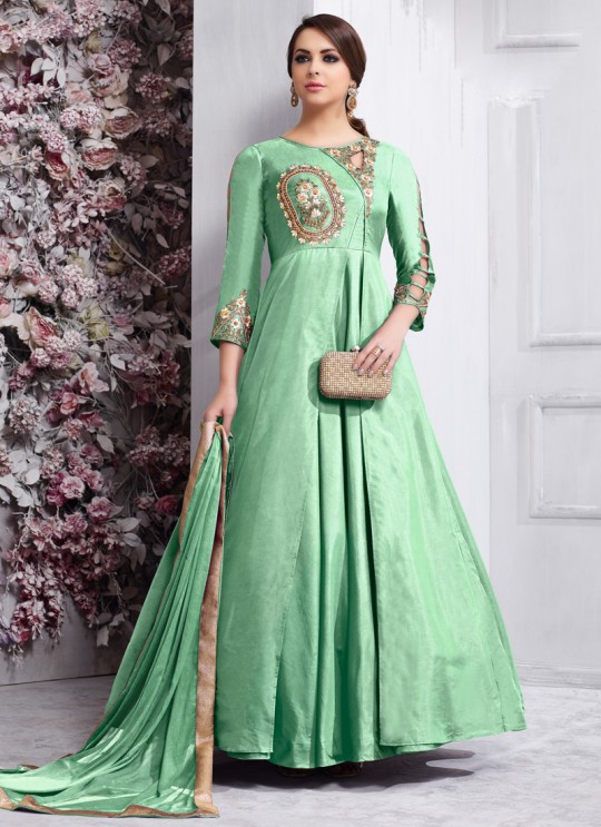 Green Tapeta Silk Party Wear Ready Made Anarkali Suit 158D By Vardan