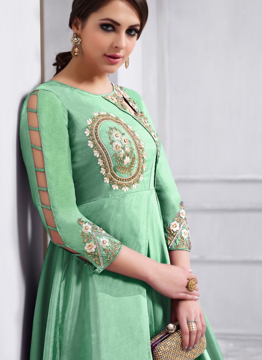 Green Tapeta Silk Party Wear Ready Made Anarkali Suit 158D By Vardan Green Tapeta Silk Party Wear Ready Made Anarkali Suit 158D By Vardan