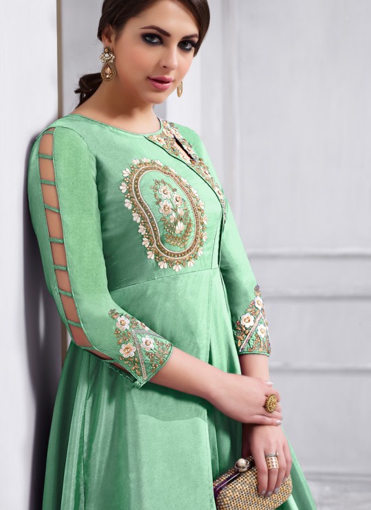 Green Tapeta Silk Party Wear Ready Made Anarkali Suit 158D By Vardan