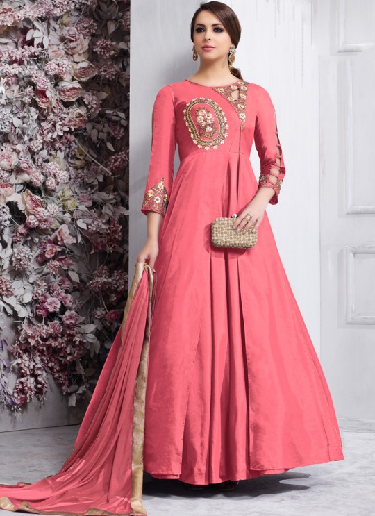 Pink Tapeta Silk Party Wear Ready Made Anarkali Suit 158E By Vardan